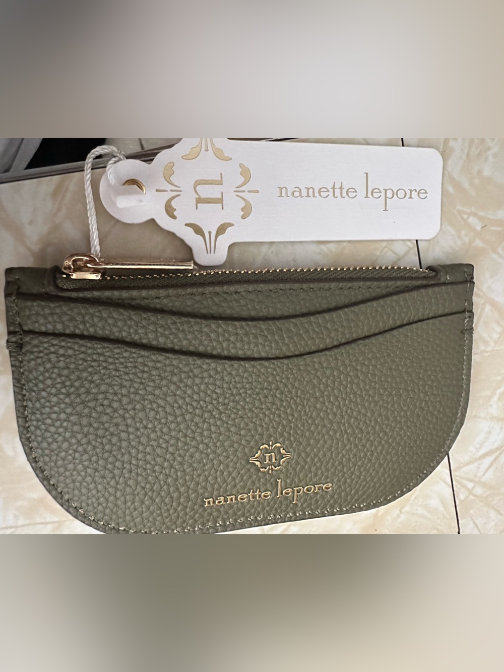 Nanette Lepore Olive Green Pebble Leather Zip Card Wallet with Gold Accents